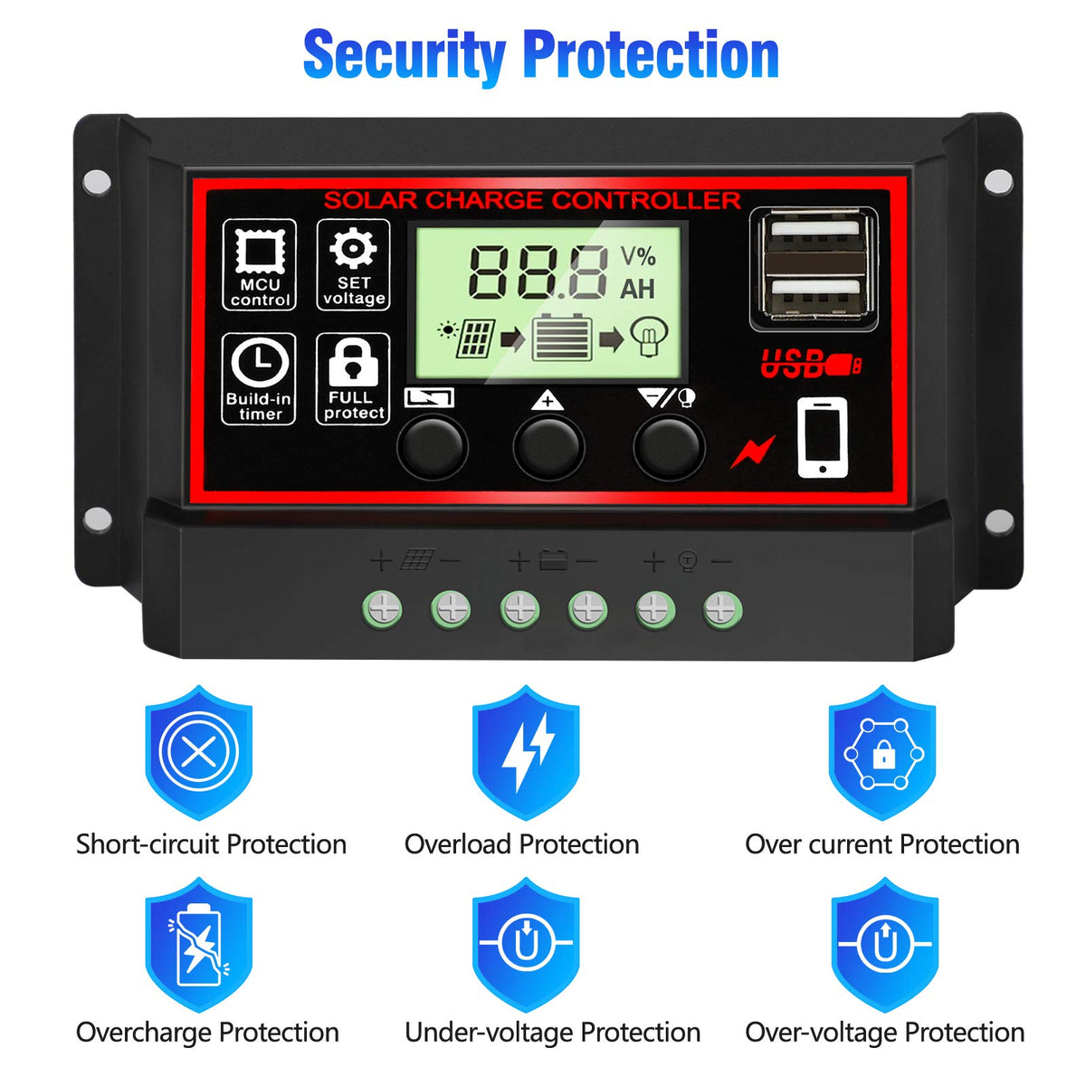 Depvko 30A solar charge controller 3-stage PWM feature shown on screen.