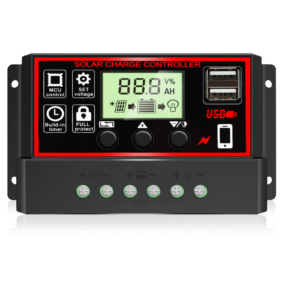 Depvko 30A solar charge controller front view with LCD display for quick setup.
