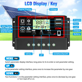 Depvko 30A solar charge controller LCD display close-up for parameter tuning.