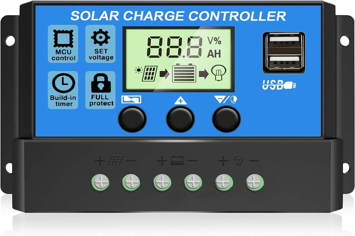 Depvko upgraded 30A solar charge controller front view for easy mounting in home solar systems.