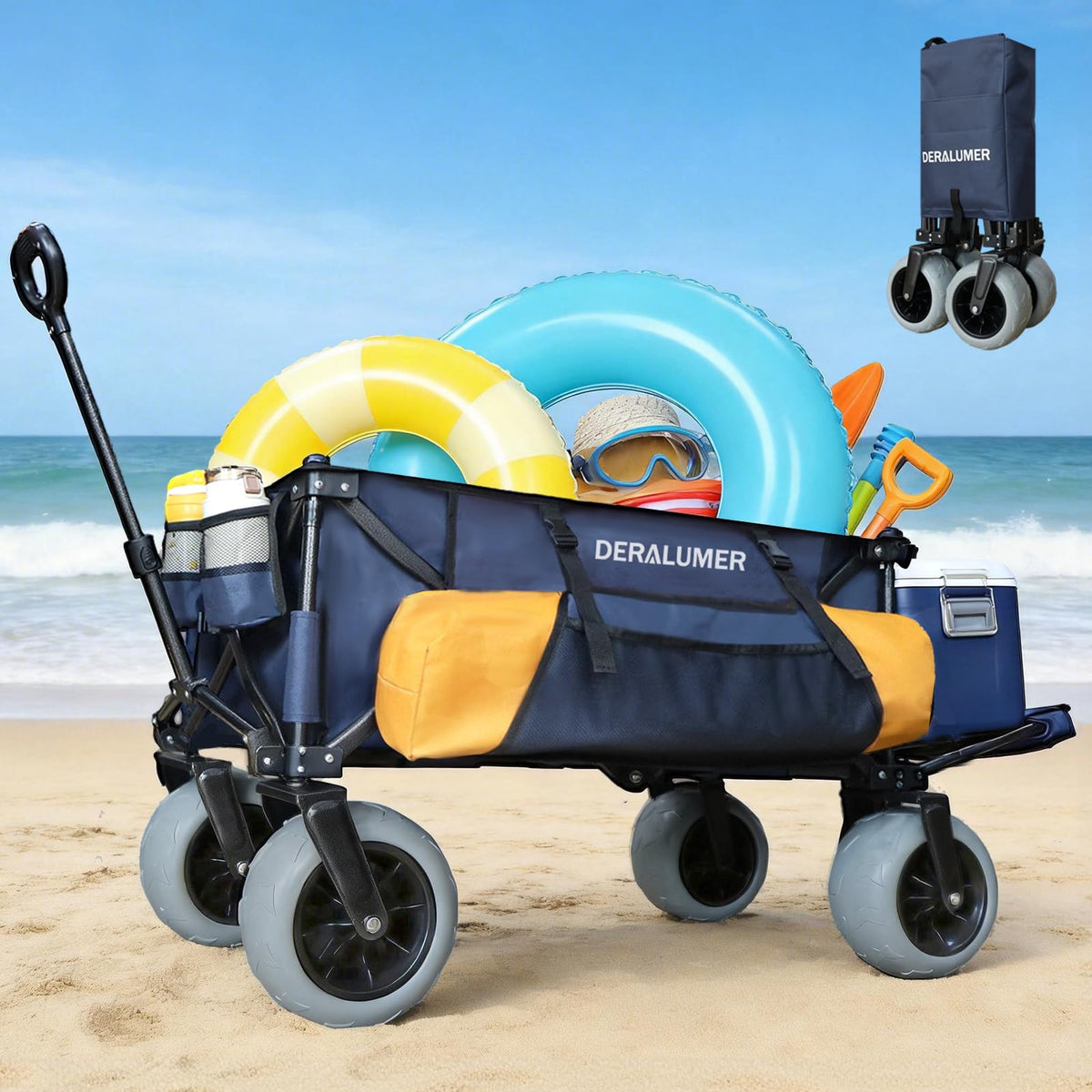 Deralumer X900 wagon with 9x4 PU wheels glides on sand for easy beach transport.