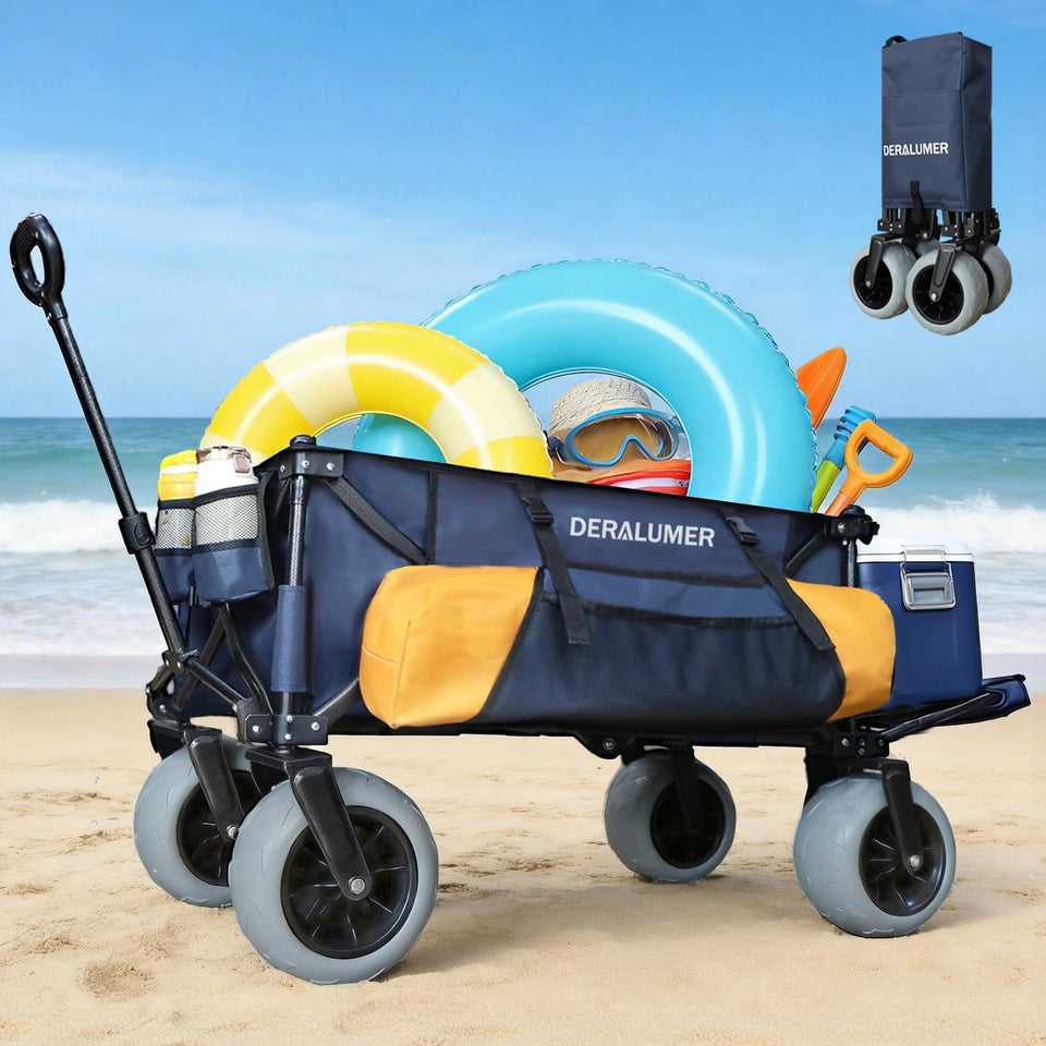 Deralumer X900 wagon with 9x4 PU wheels glides on sand for easy beach transport.