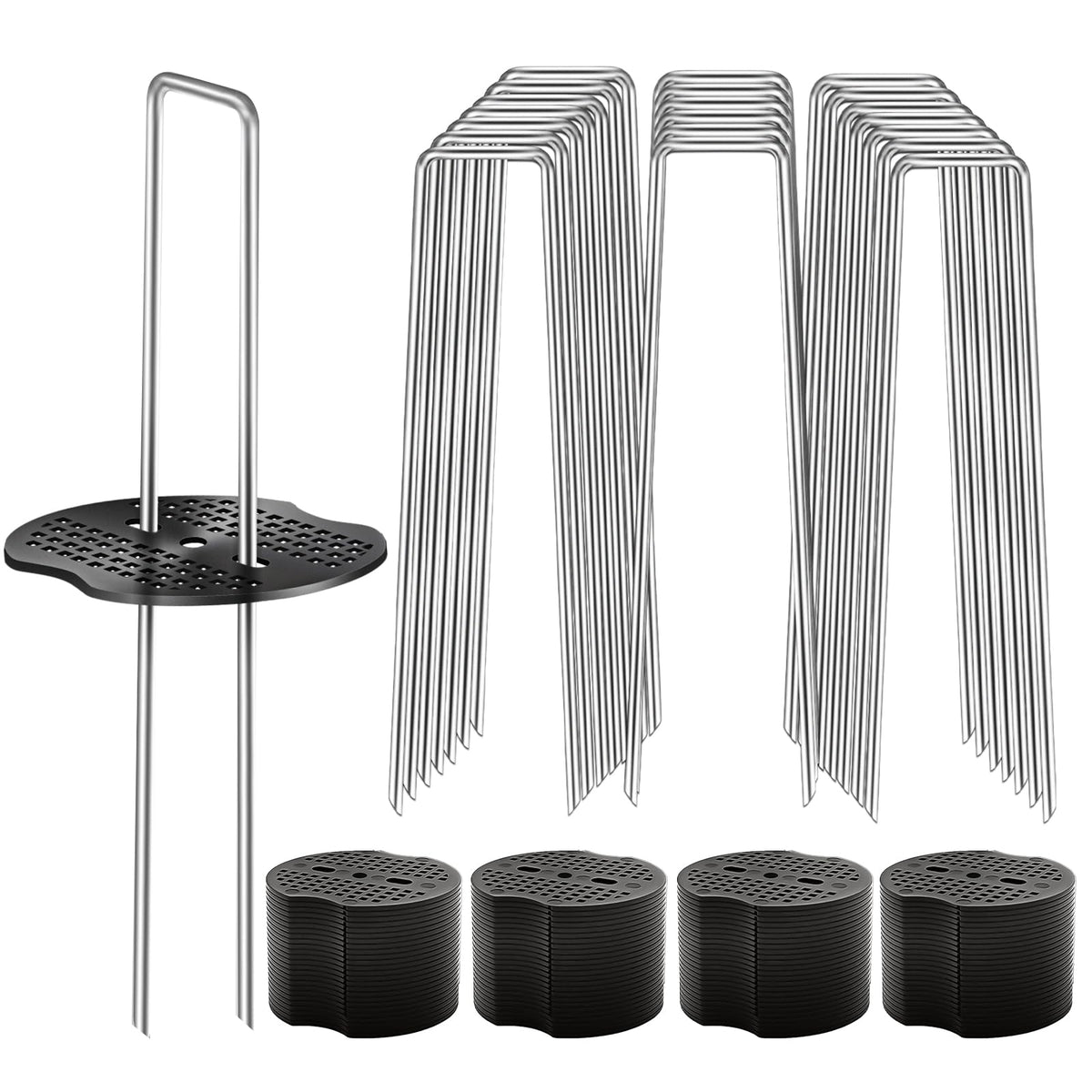 Deritec garden stake set overview shows heavy-duty galvanized pins for outdoor use.