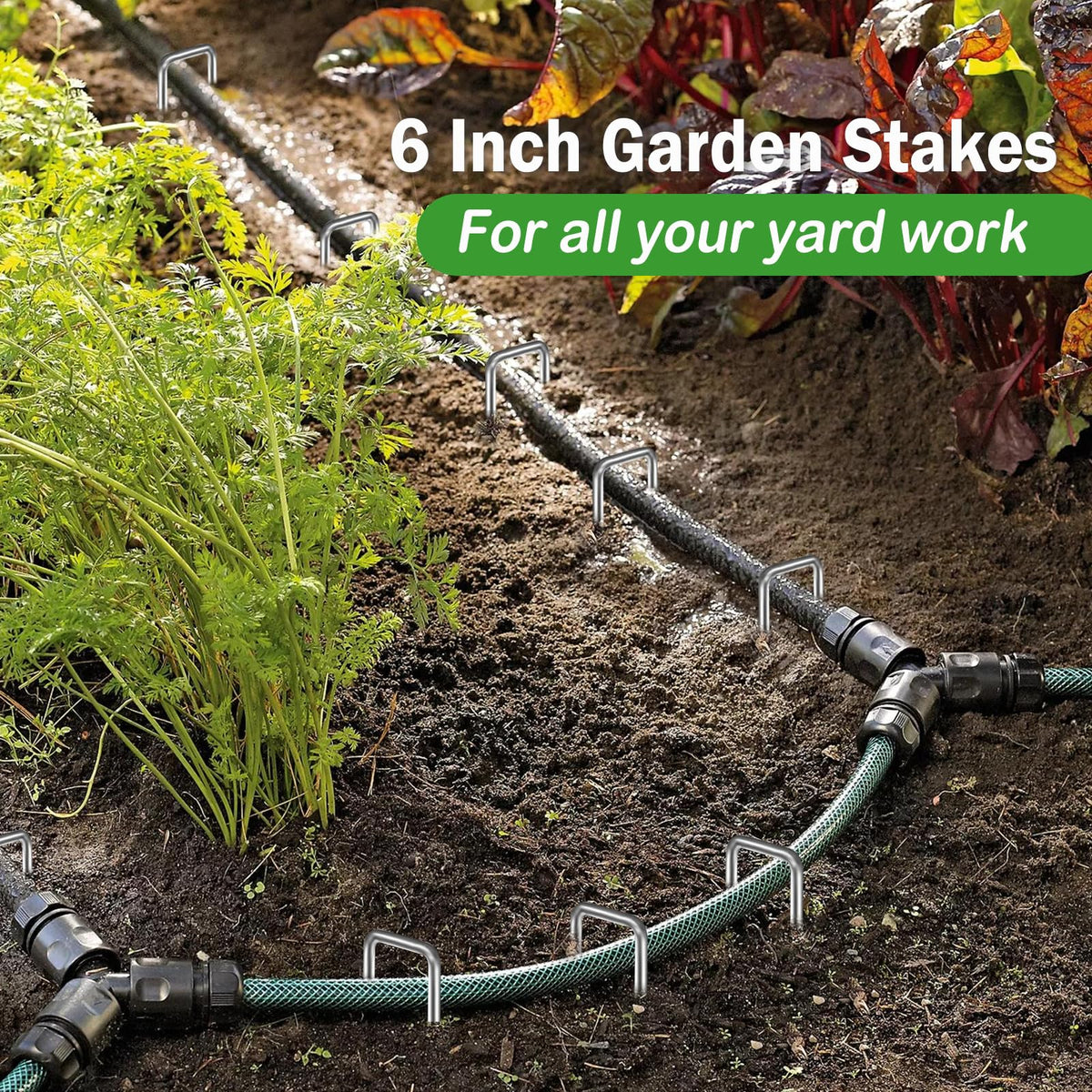 Deritec stakes for tents, trellises, and irrigation tubes to anchor installations.