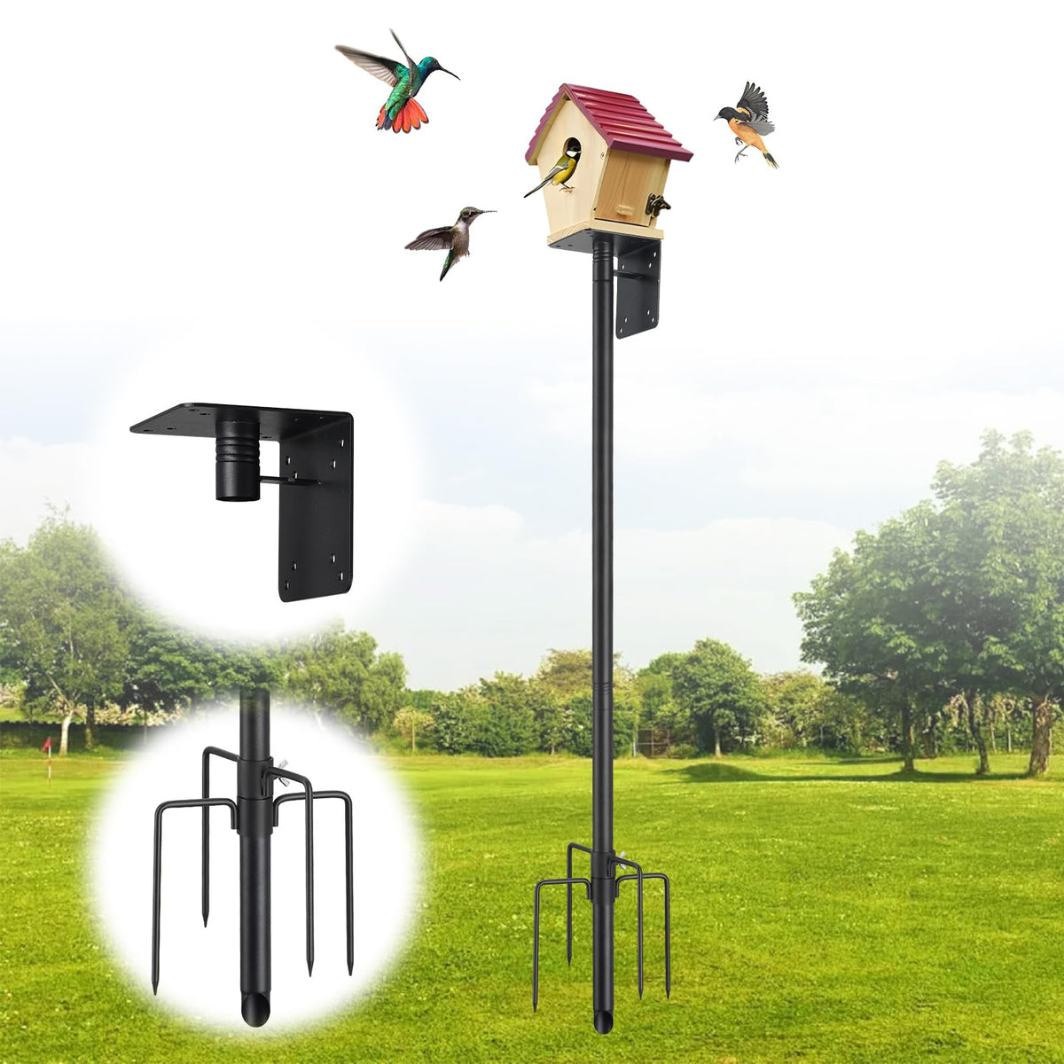 DEROFIT bird house pole base provides sturdy ground mounting for outdoor feeders.