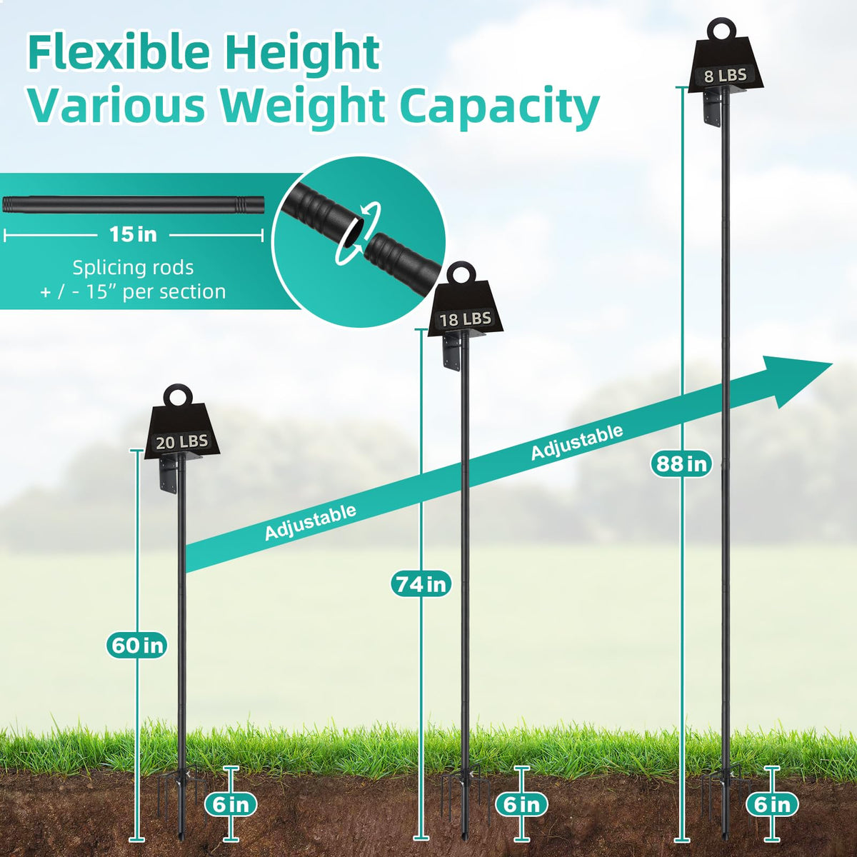 DEROFIT height-splicing sections enable easy pole length adjustments.