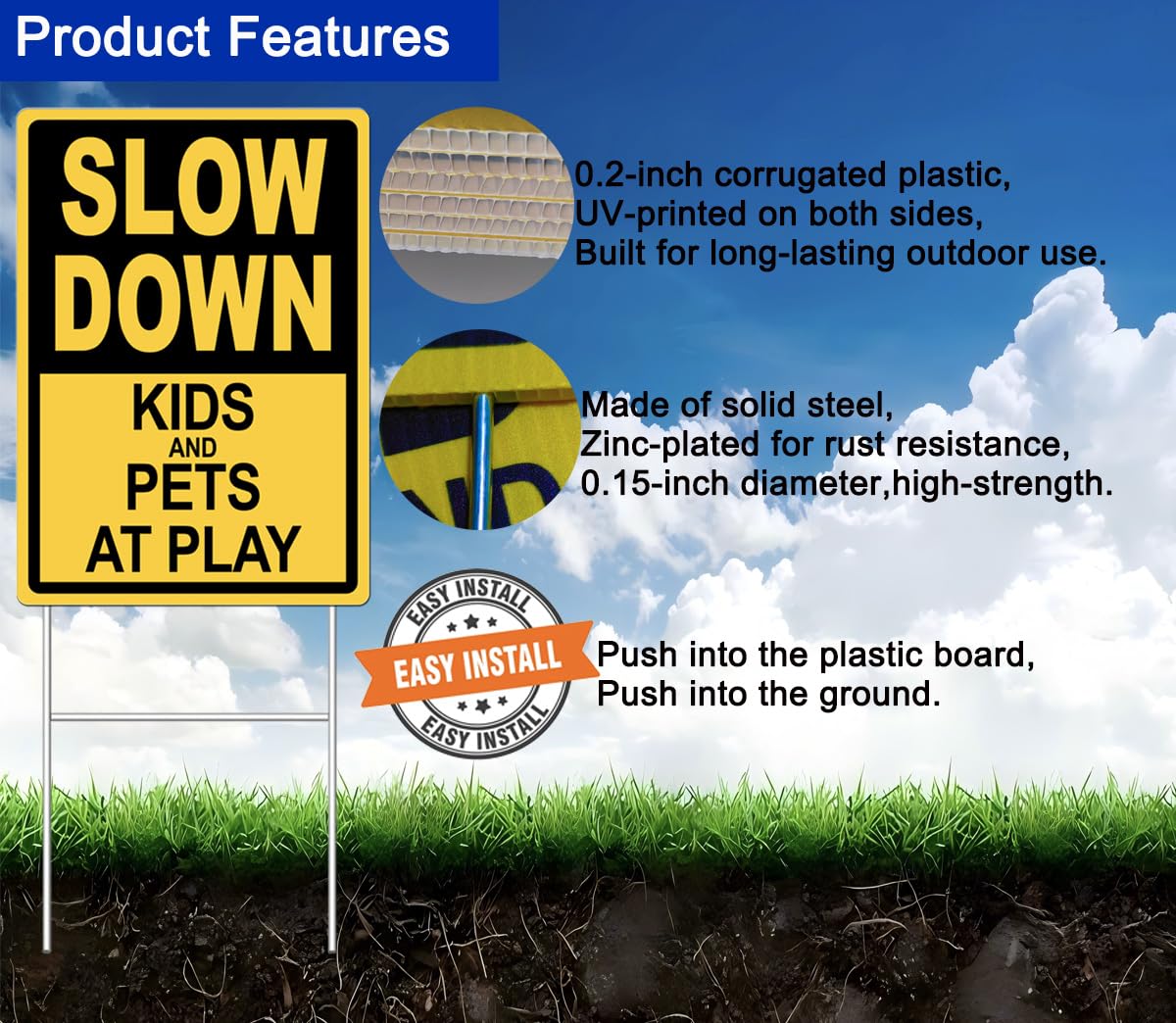 DEROLT metal stake enables quick tool-free installation for secure sign placement.