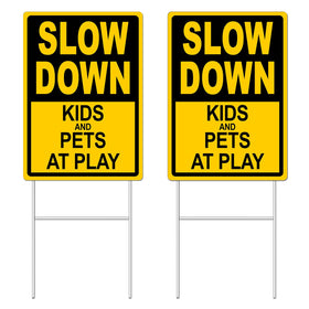 DEROLT slow-down kids at play sign double-sided for high visibility near sidewalks.