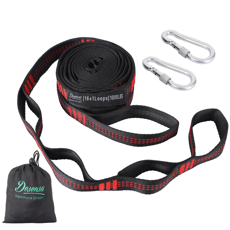 Desensa hammock tree straps with 10ft length for flexible placement and tree protection.