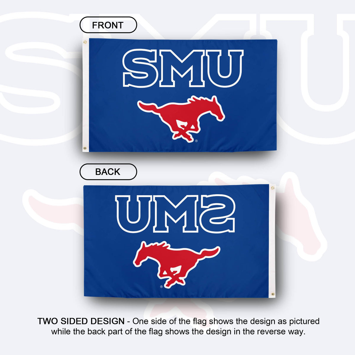 Desert Cactus SMU Mustangs flag back view—design visible from both sides.