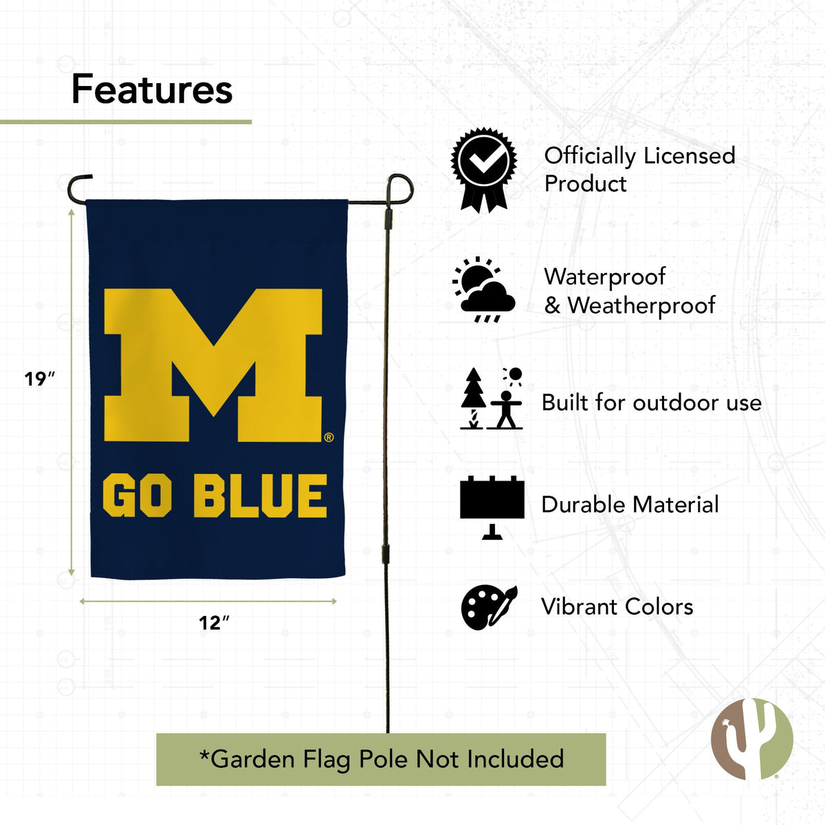 Desert Cactus UM garden flag quadruple-stitched ends provide long-lasting outdoor reliability.