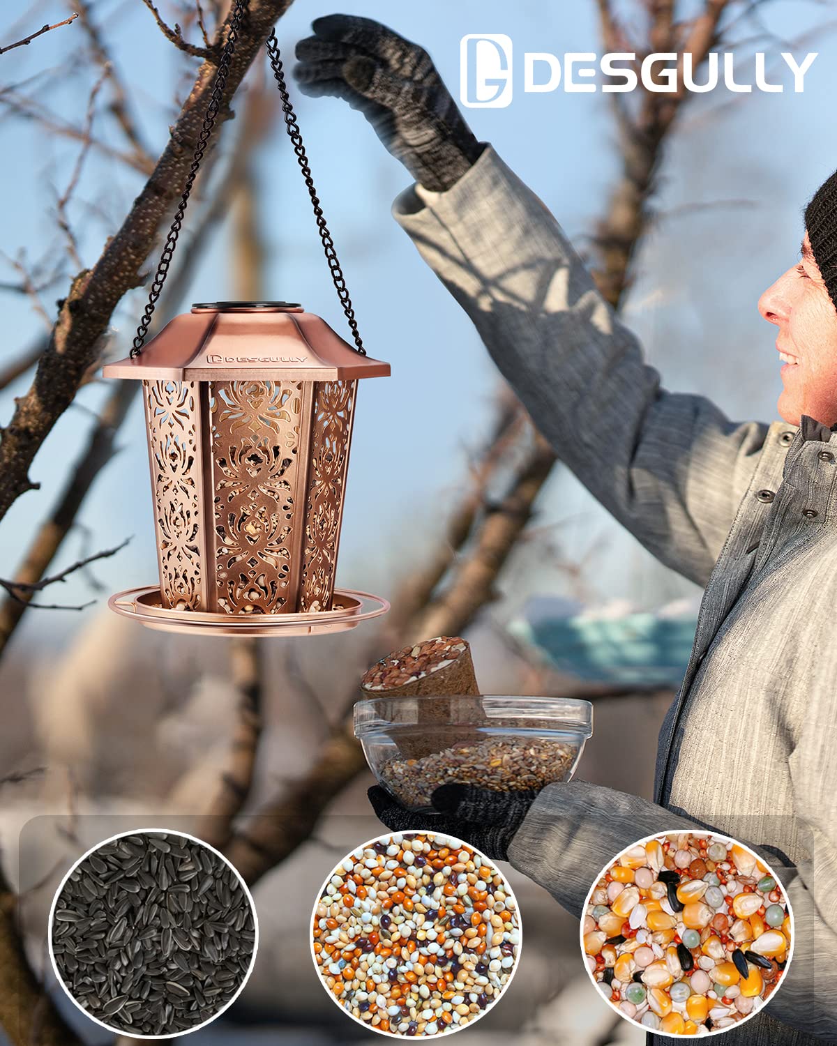 DesGully solar bird feeder hanging in garden, weather resistant and chew-proof