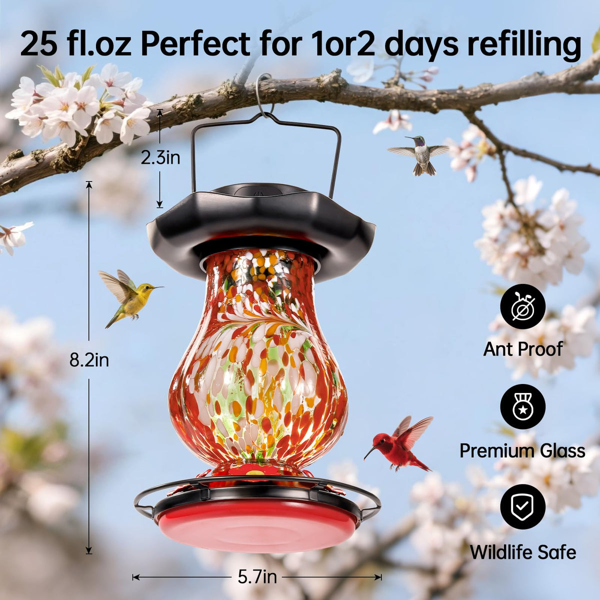 DesGully feeder features leakproof base and moat to keep nectar clean.