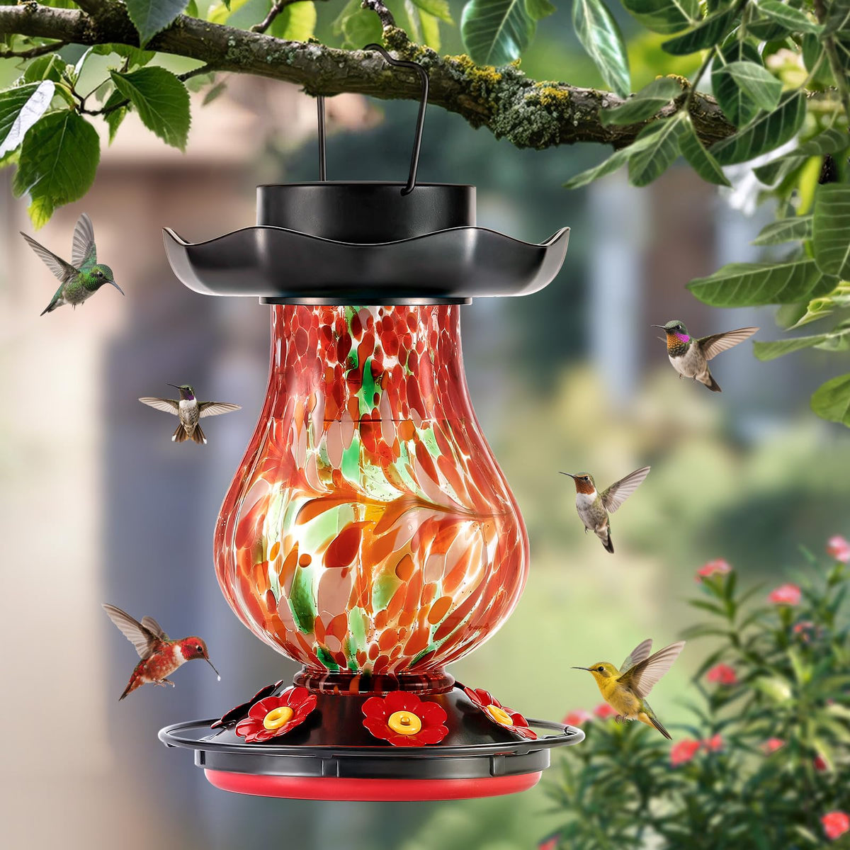 DesGully hummingbird feeder withstands outdoor conditions for year-round use.