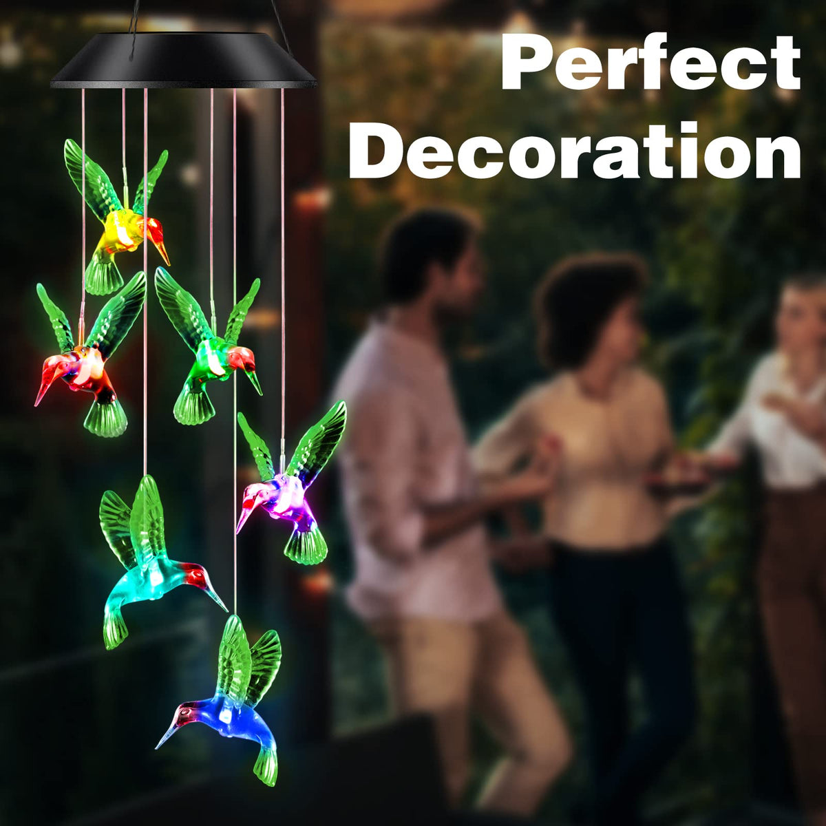 DesGully LED wind chime displays multi-color glow for nighttime ambience.