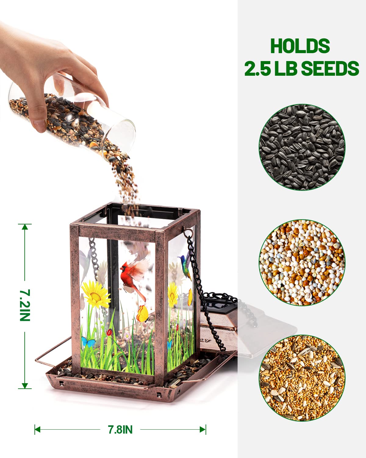 Clear acrylic center on DesGully feeder shows seed levels at a glance.
