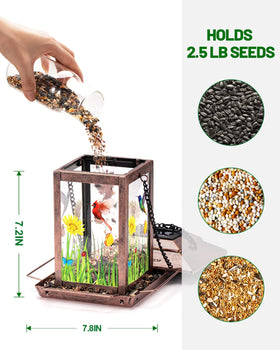 Clear acrylic center on DesGully feeder shows seed levels at a glance.