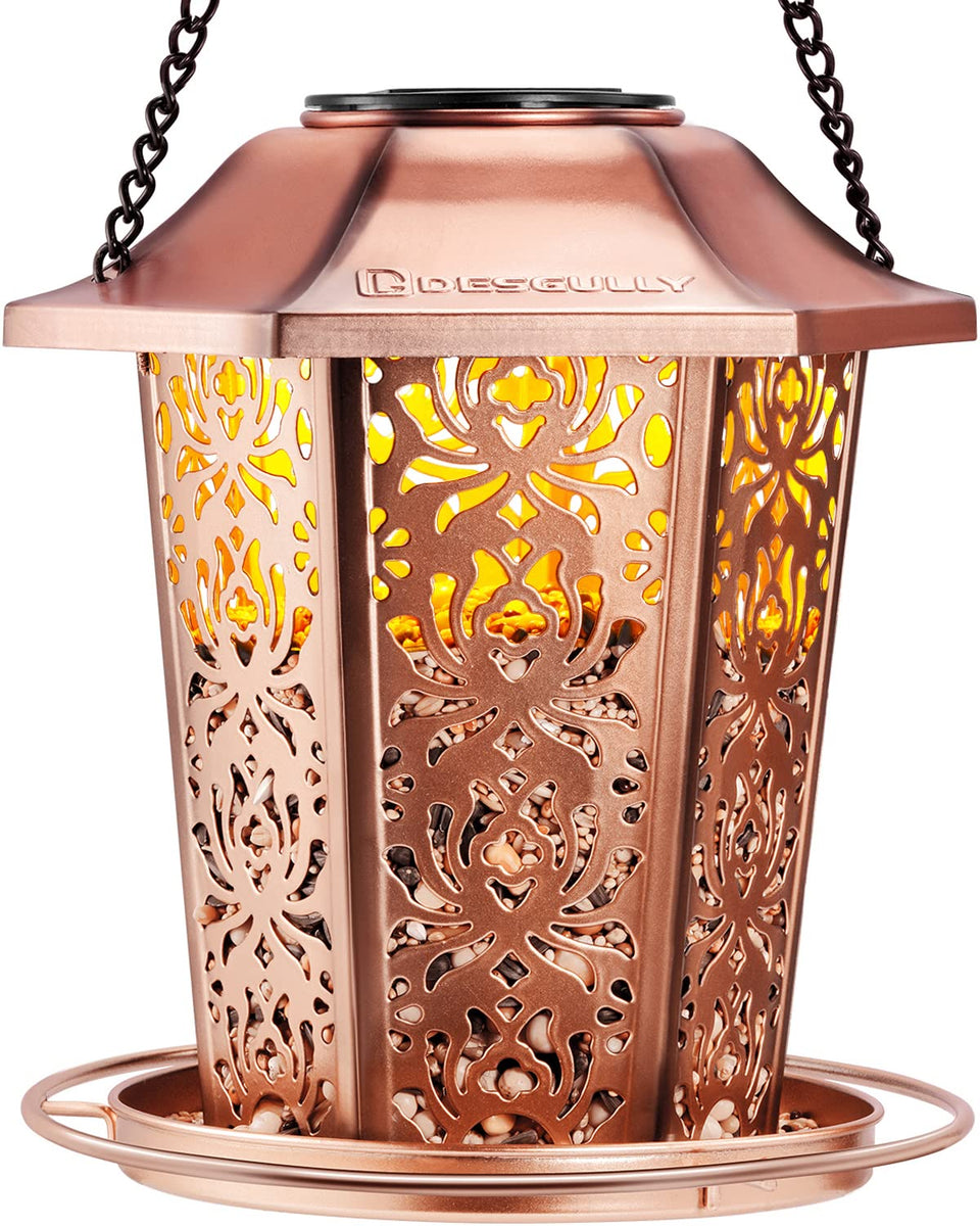 DesGully solar bird feeder in daylight attracting birds with premium metal design