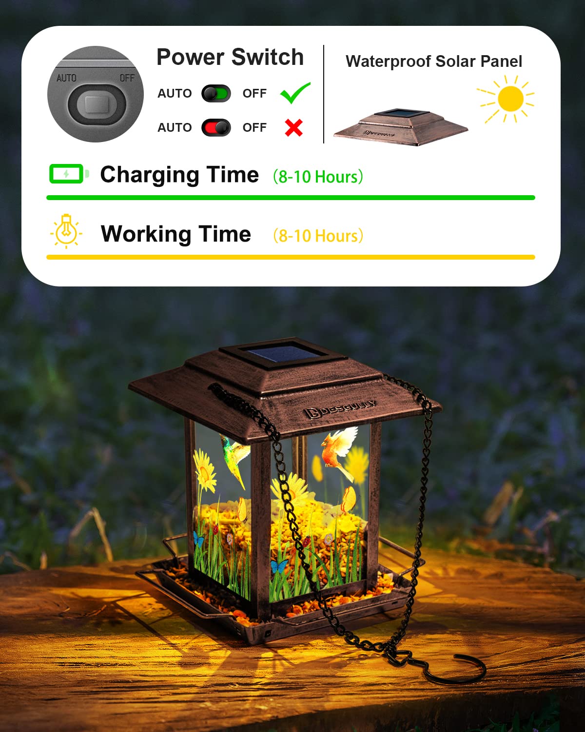 DesGully solar bird feeder night lantern mode illuminates the feeding area.