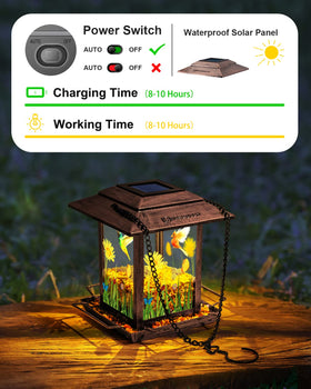 DesGully solar bird feeder night lantern mode illuminates the feeding area.