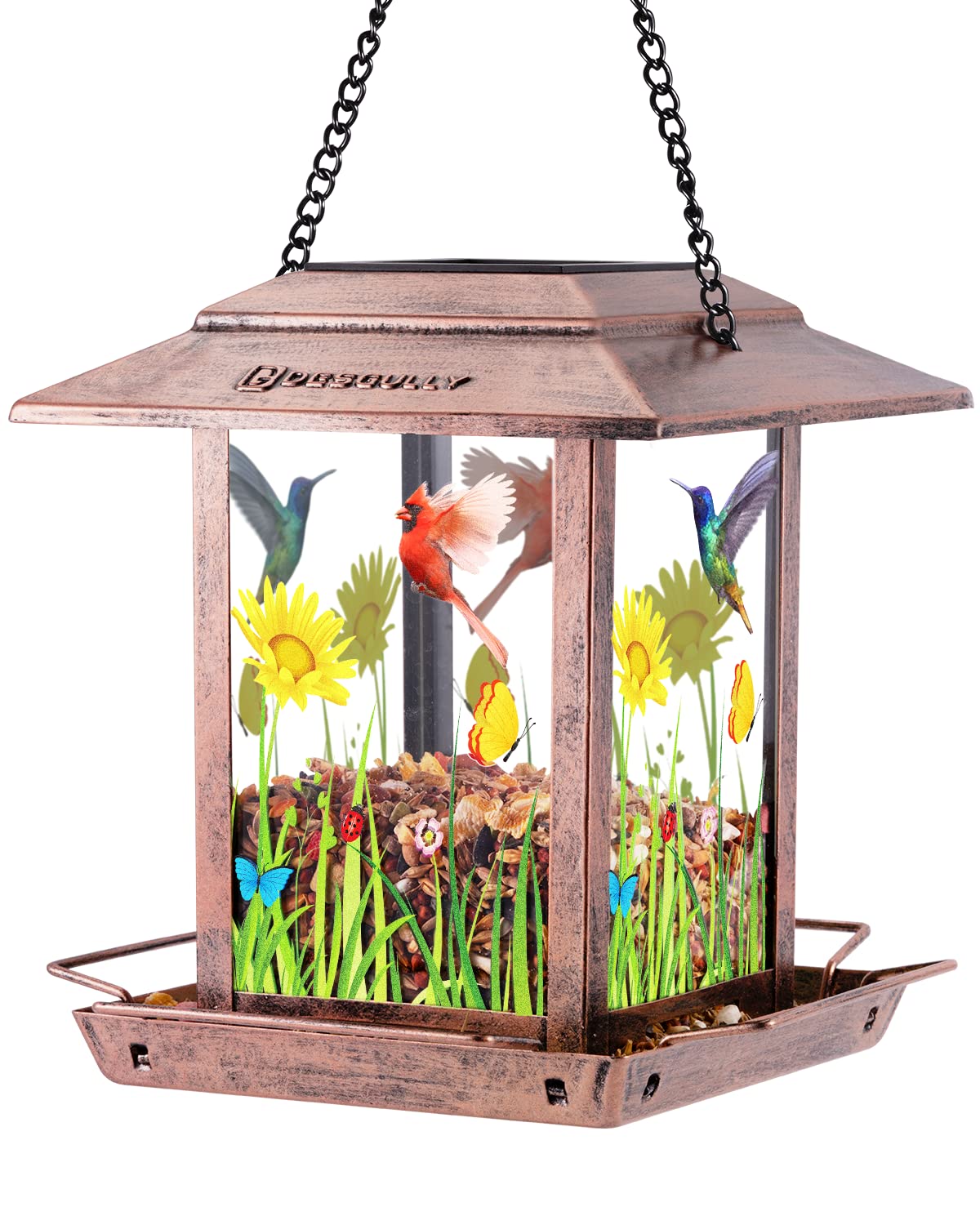 DesGully solar bird feeder for outdoor hanging attracts birds in your yard.