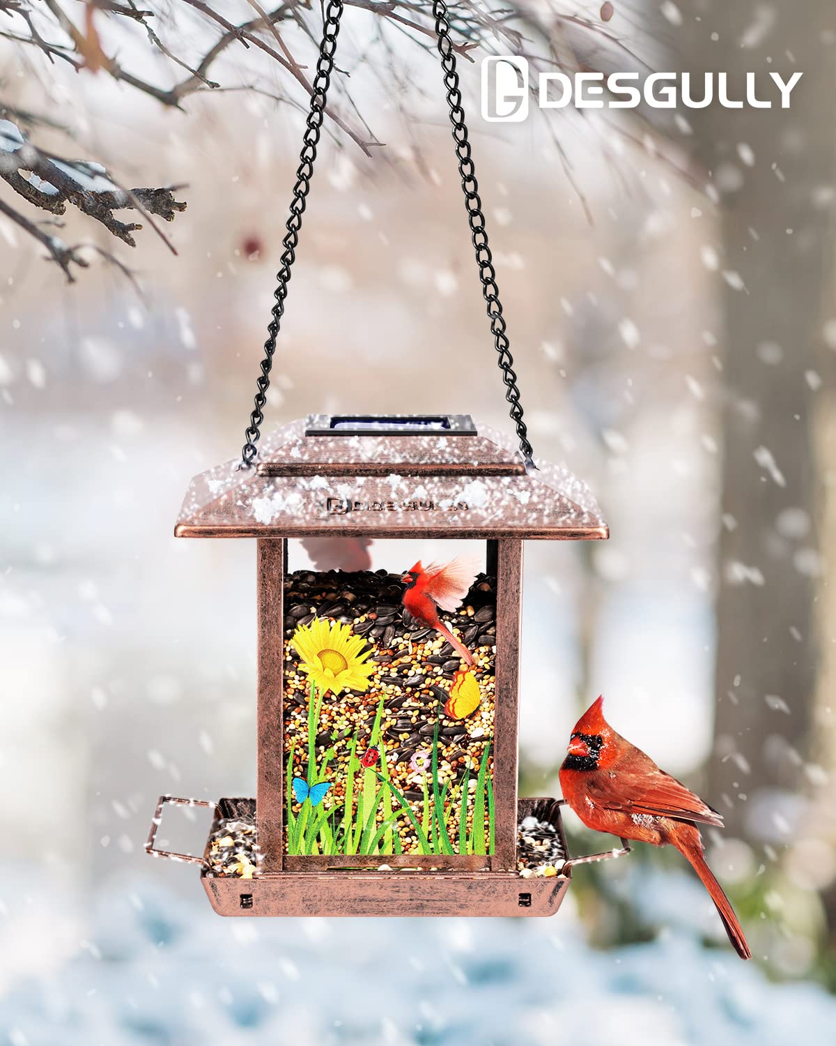 DesGully solar feeder adds garden decor while feeding visiting birds.