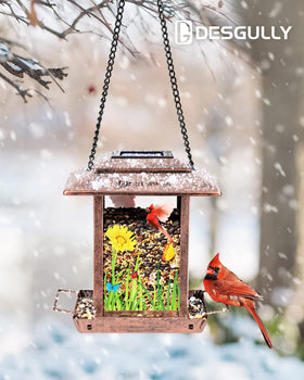 DesGully solar feeder adds garden decor while feeding visiting birds.