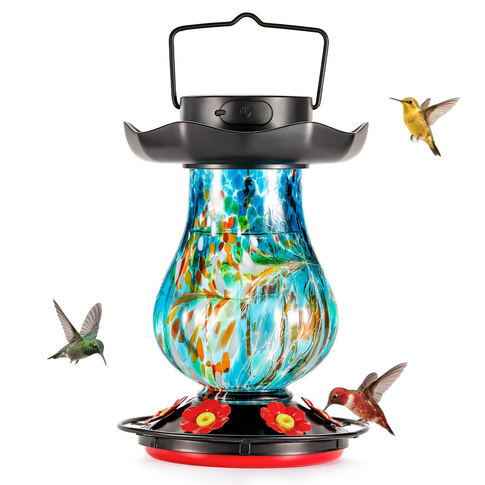 DesGully solar hummingbird feeder with glass body for elegant garden viewing.