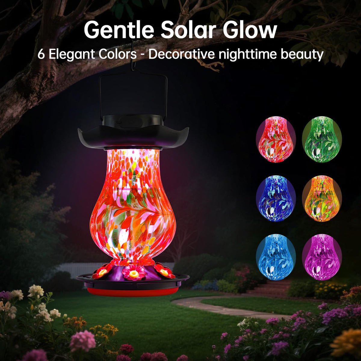 DesGully solar hummingbird feeder displays seven color LEDs lighting the garden at night.