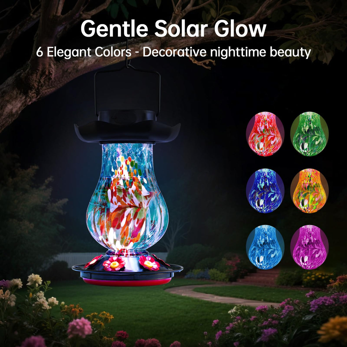 DesGully solar hummingbird feeder LED color cycle adds night time ambiance for birdwatching.