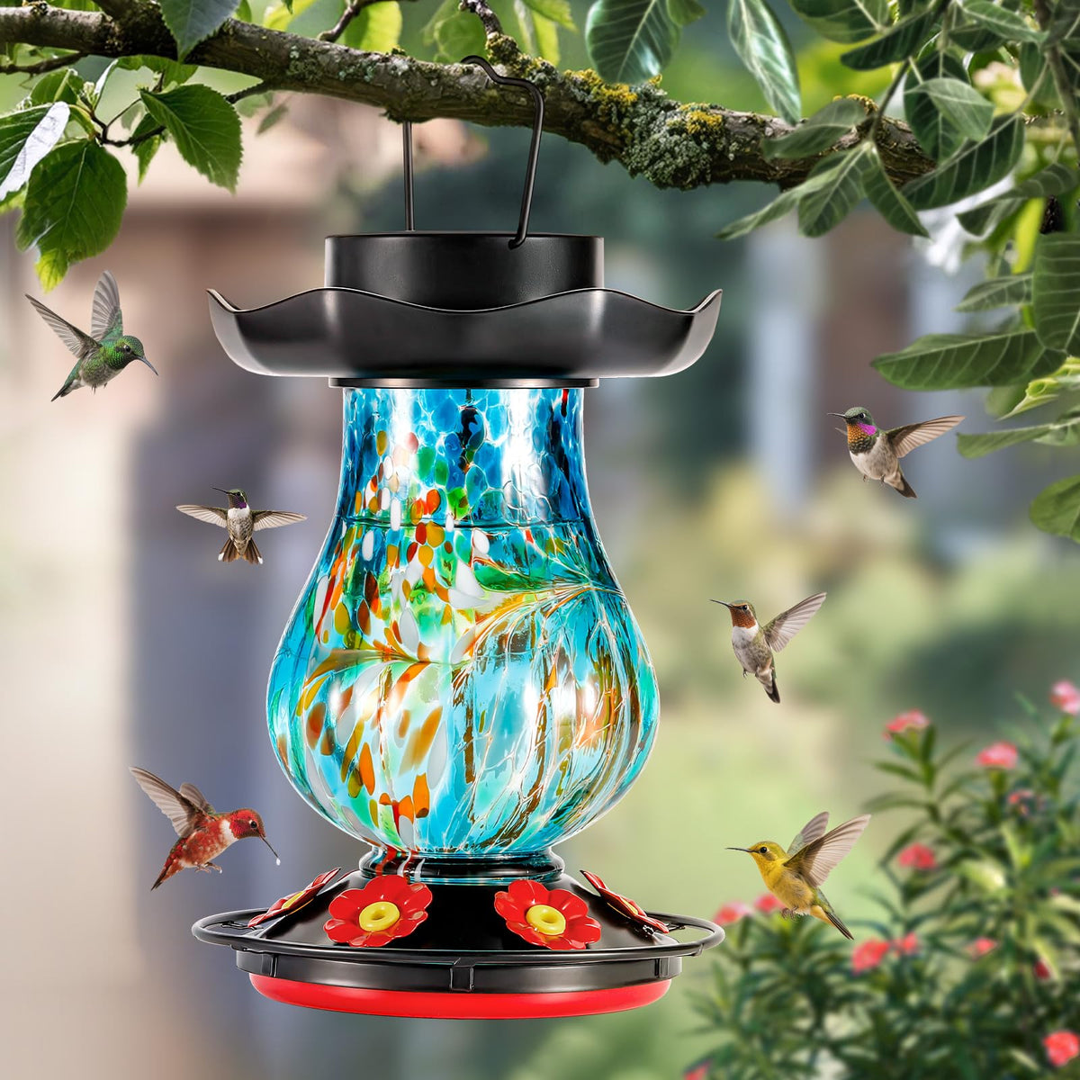 DesGully solar hummingbird feeder night glow enhances garden decor after dusk.