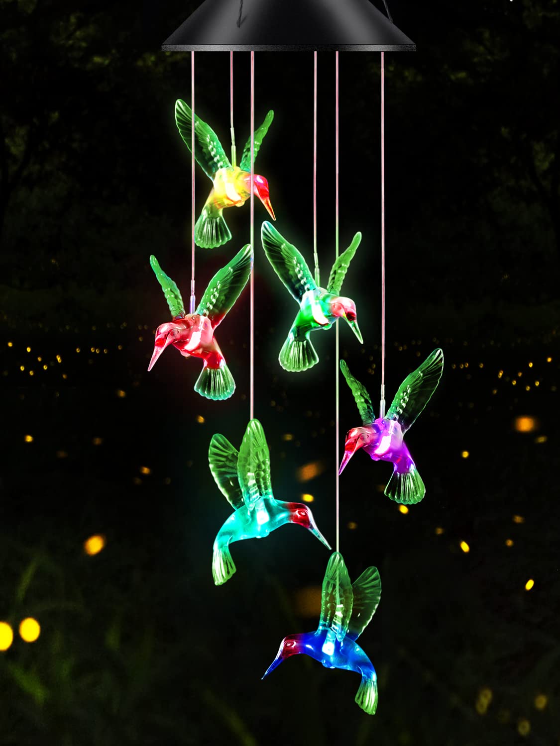DesGully solar hummingbird wind chime lights outdoor spaces with color.