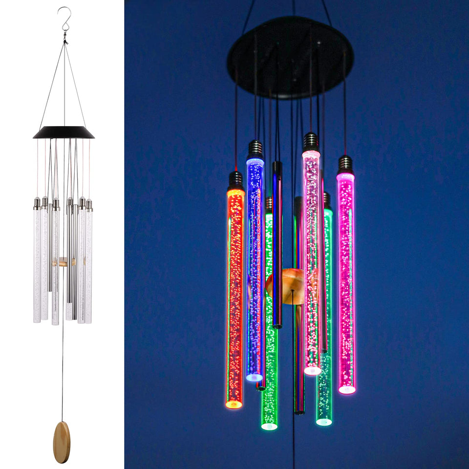 DesGully Solar Wind Chimes with 6 LED bars create ambient outdoor light.