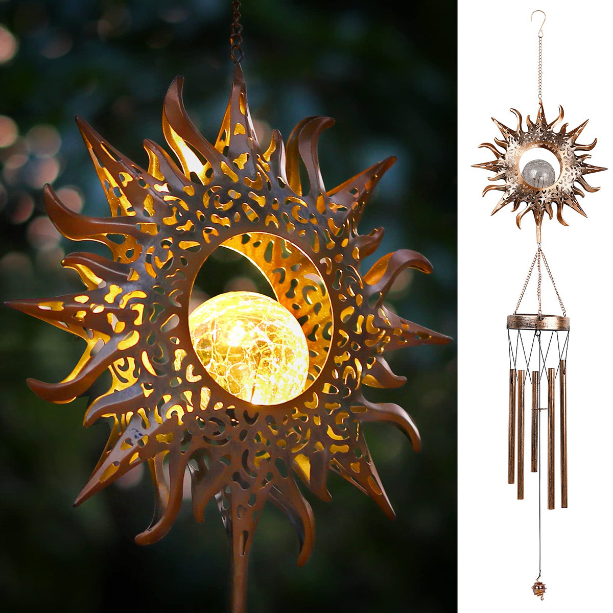 DesGully Solar Wind Chimes glow from crackle glass ball for cozy outdoor ambiance