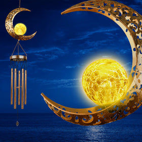 DesGully Solar Wind Chimes glowing crackle glass moon for tranquil outdoor ambience