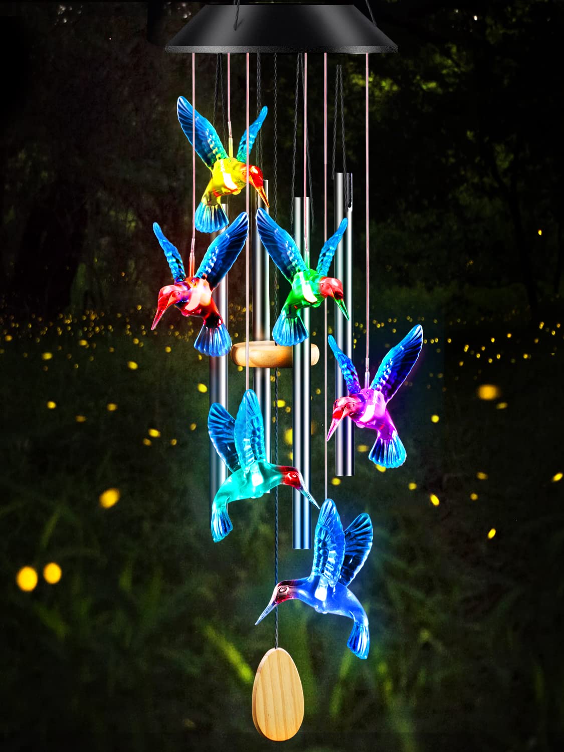 DesGully wind chimes with solar lights illuminate outdoor spaces at dusk.