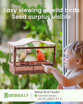 DesGully window bird feeder metal tray removable for easy refills.