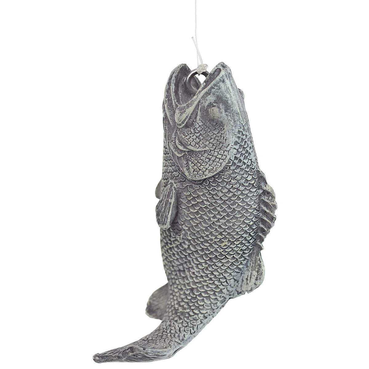 Design Toscano Frederic dangling fish close-up emphasizes lifelike pose.