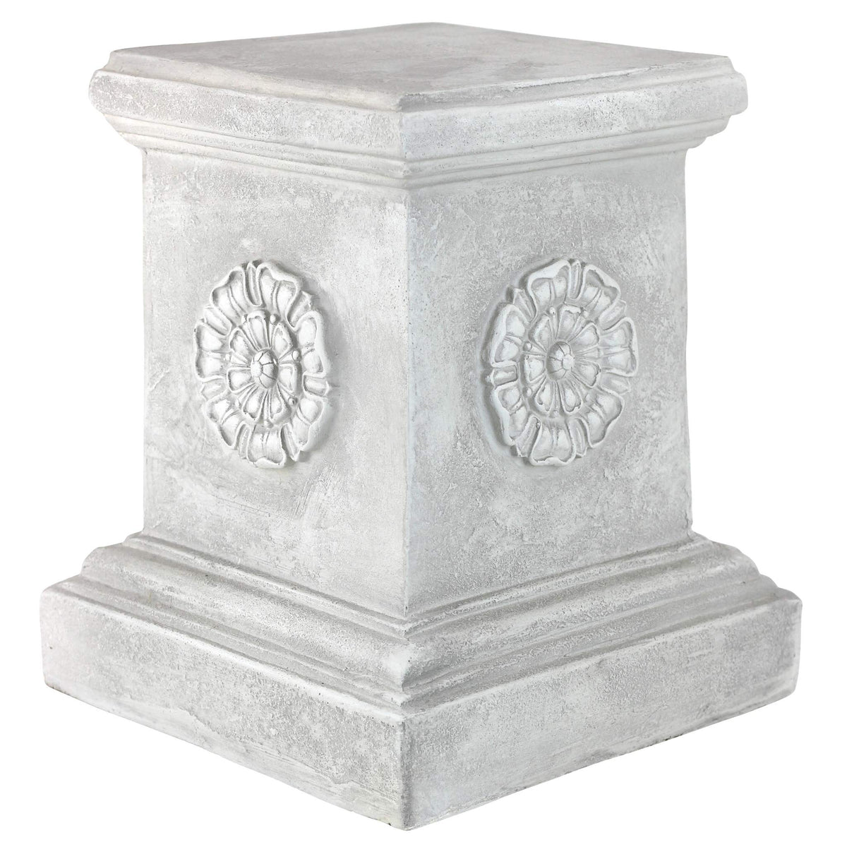 Design Toscano rosette plinth base elevates statues on a 13-inch tall pedestal.