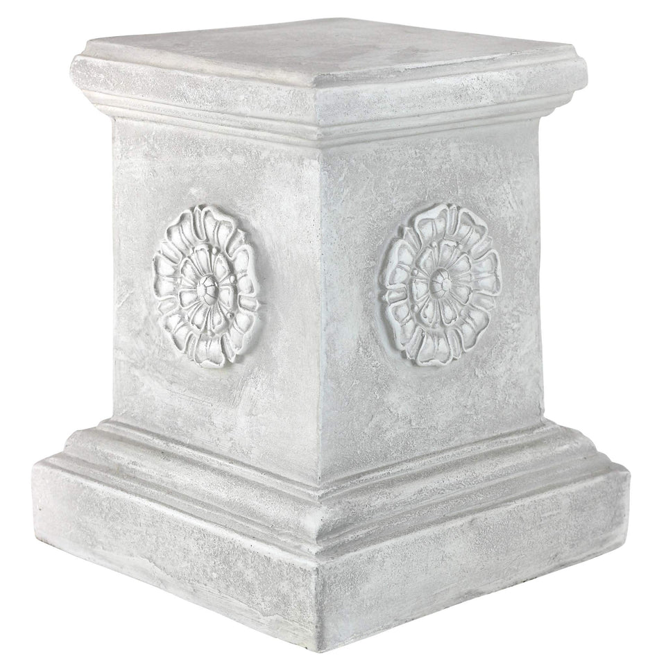 Design Toscano rosette plinth base elevates statues on a 13-inch tall pedestal.