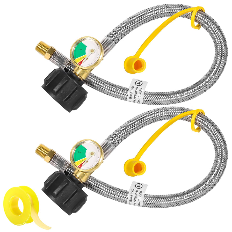 Detoypapa 18-inch RV propane hose with gauge for at-a-glance fuel monitoring during trips
