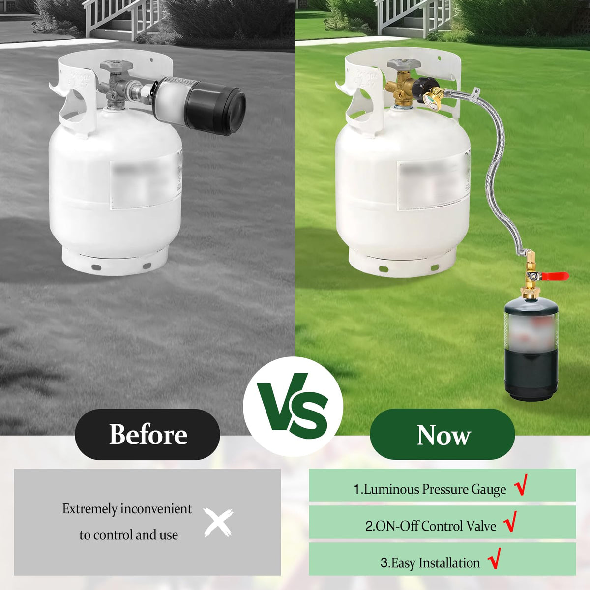 Includes two caps for securing small tanks after refilling