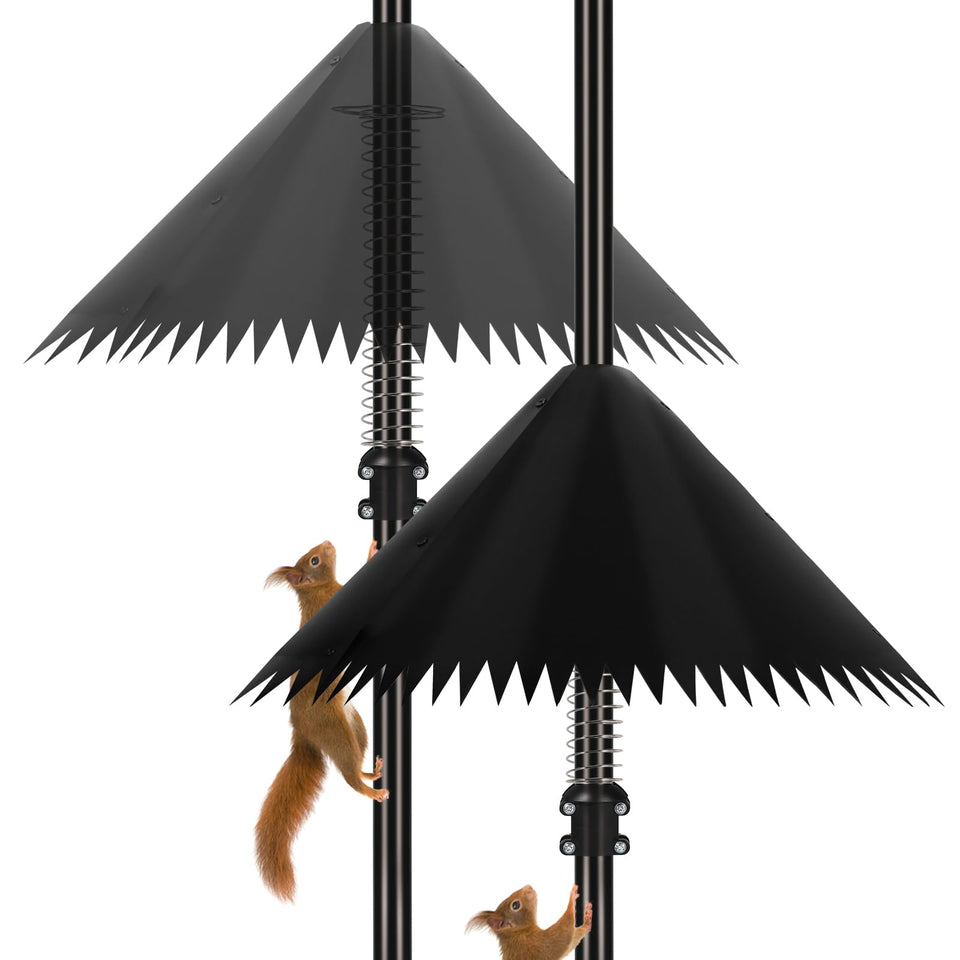 Detoypapa 19-inch squirrel baffle guarding a bird feeder with rotating surface.