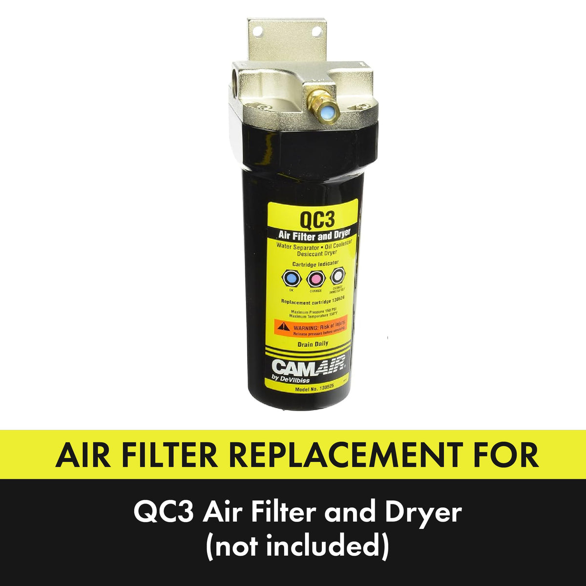 DeVilbiss QC3 filter/dryer compatible cartridge ensures clean compressed air for finishing.