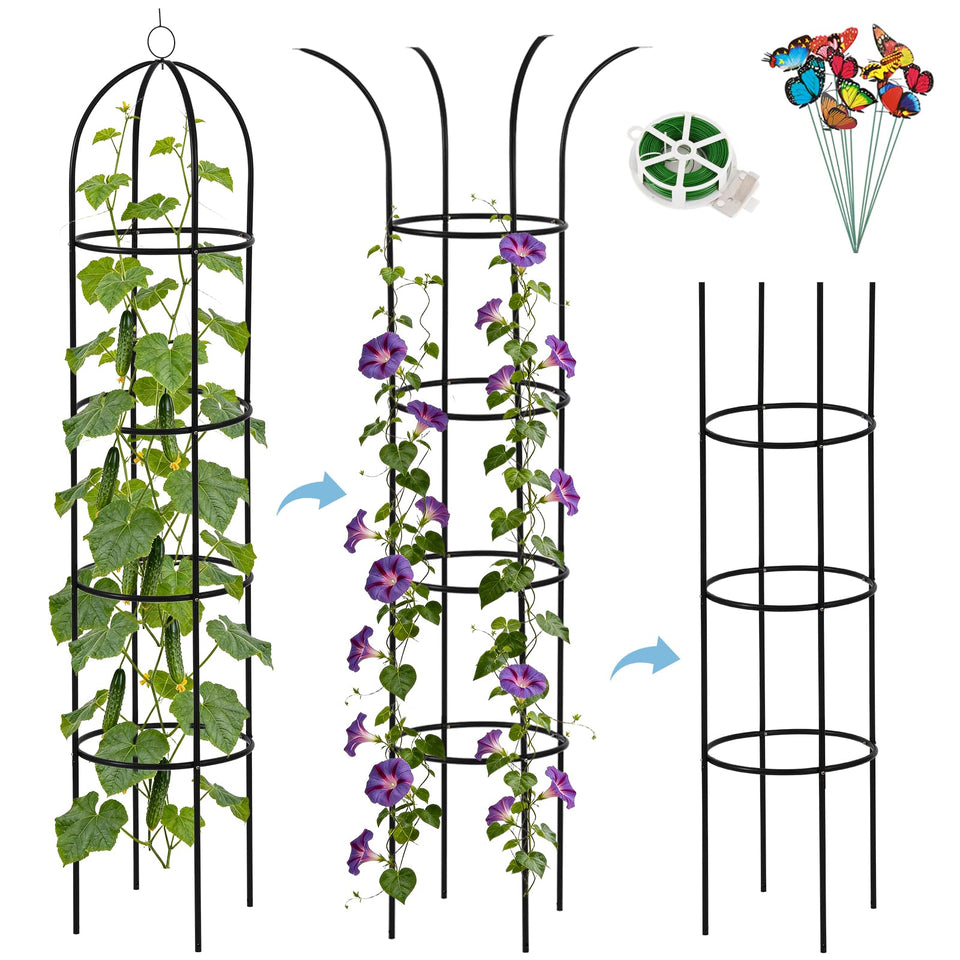 DEVISEFUN 6.6ft obelisk trellis outdoors provides sturdy support for climbing plants.
