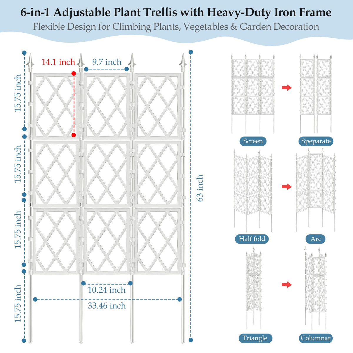 DEVISEFUN open-grid trellis supports heavy vines with durable iron tubes.