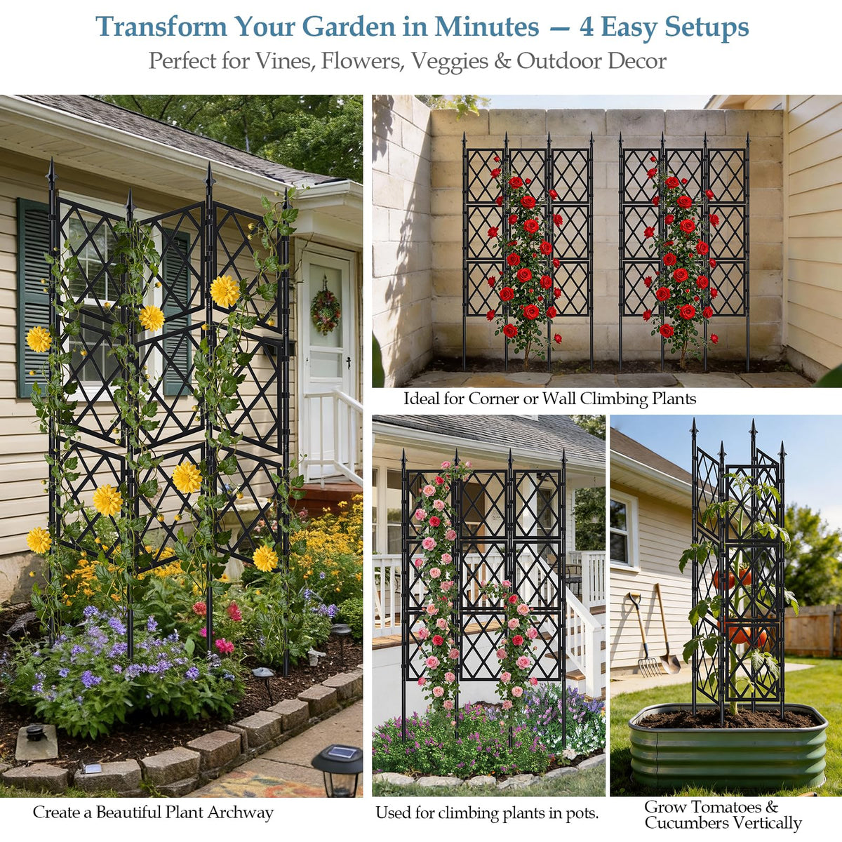 DEVISEFUN UV grid trellis delivers weather-resistant support for climbing cucumbers and beans.