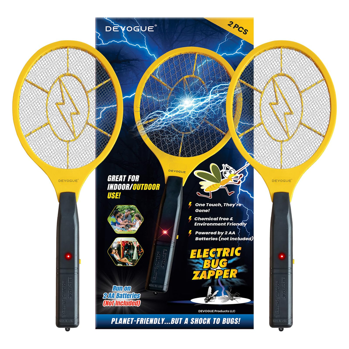 DEVOGUE electric fly zapper racket for backyard use and quick pest control.