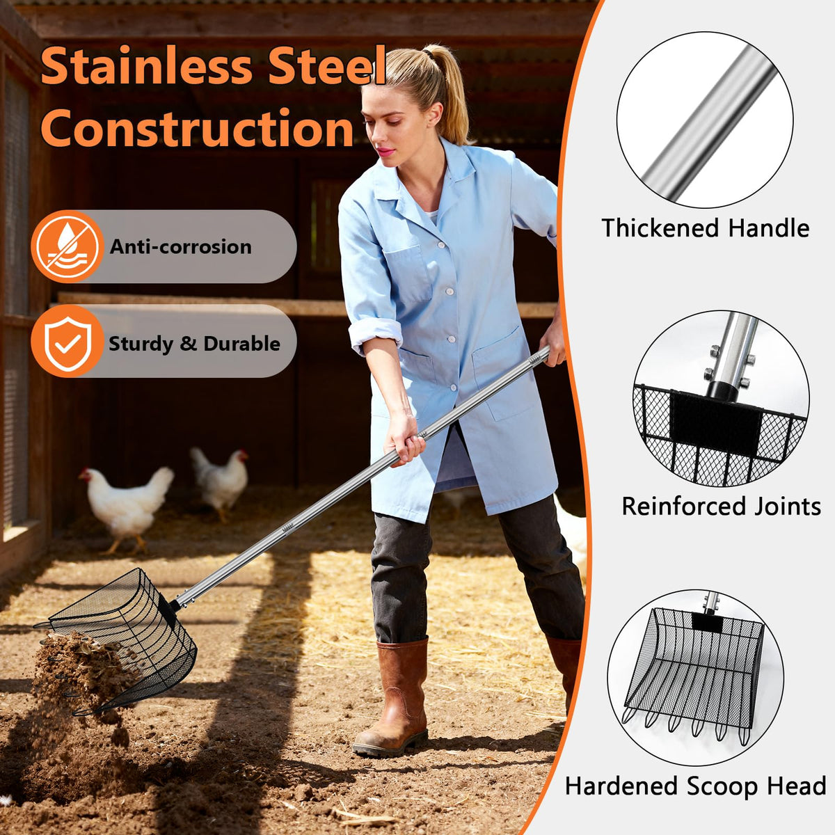 Devopet adjustable handle enables ergonomic reach for comfortable coop cleaning.