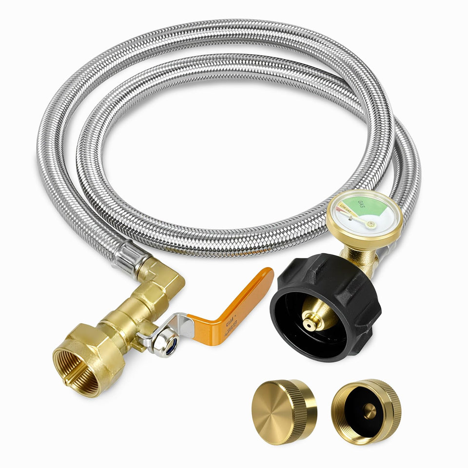 Devvicoo propane refill adapter connected to a 1 lb tank for safe fueling